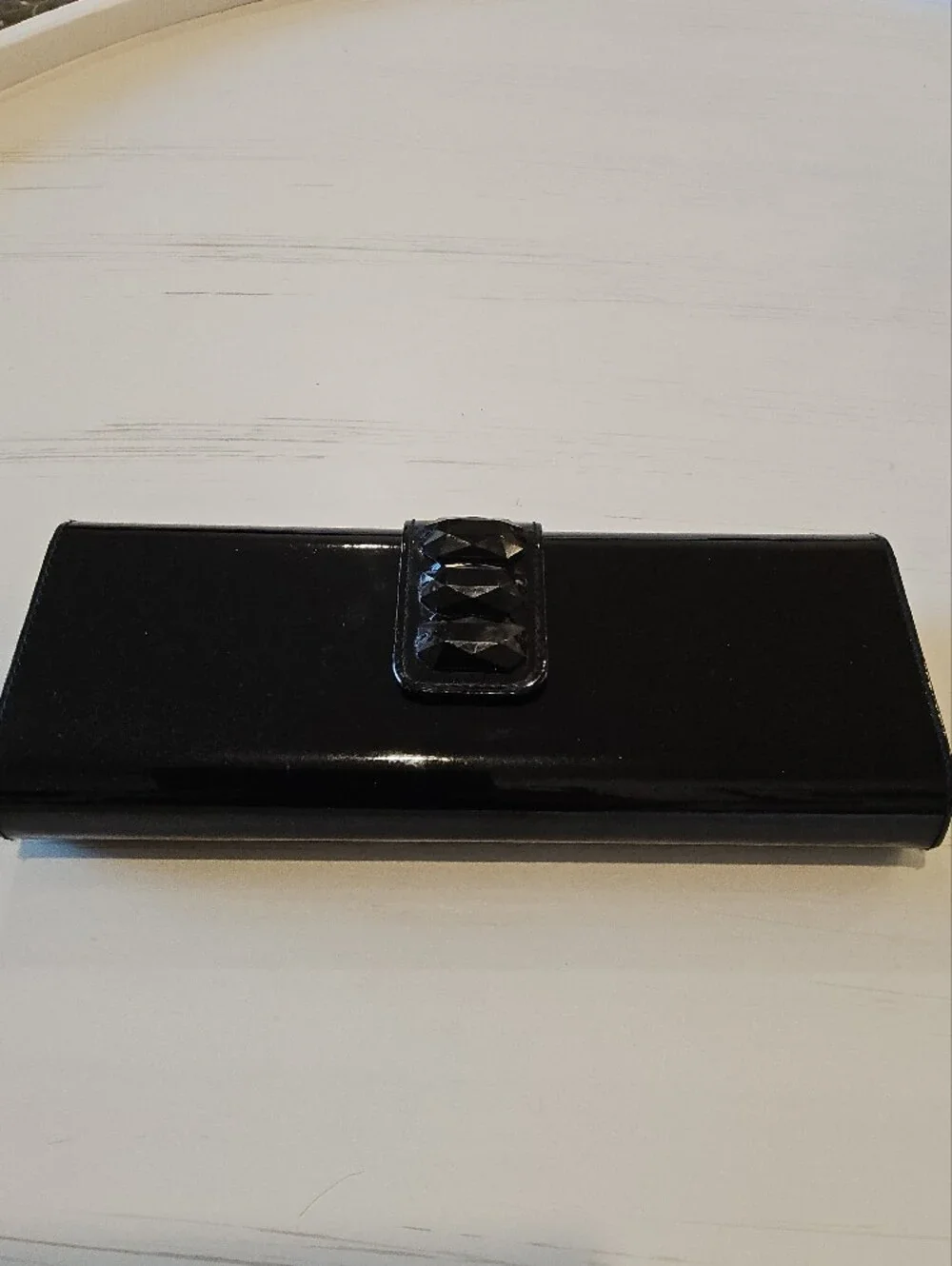Lancome Black Patent Clutch with Faceted Gem Accent
